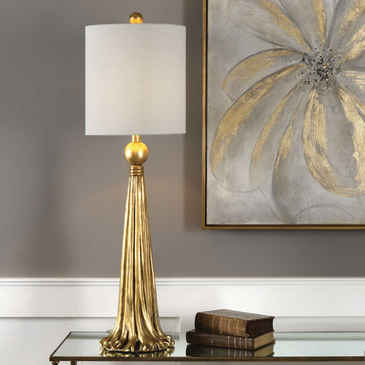 Uttermost Paravani Antiqued Metallic Gold Buffet Lamp With White Linen Shade - Image 3