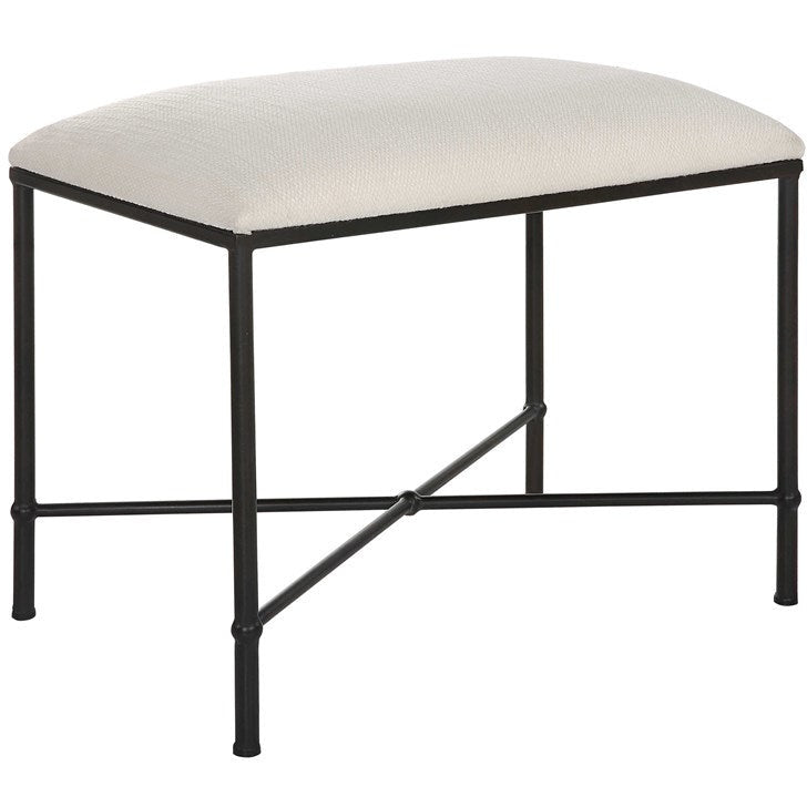 Uttermost Avenham Textured White Fabric Cushion Seat Modern Black Iron Small Bench - Image 3