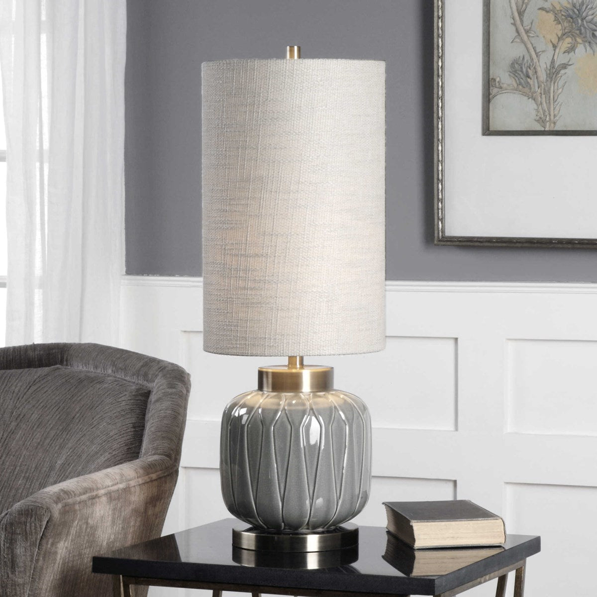 Uttermost Zahlia Aged Gray Ceramic Buffet Lamp With Khaki Linen Shade - Image 2