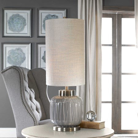 Uttermost Zahlia Aged Gray Ceramic Buffet Lamp With Khaki Linen Shade - Image 1