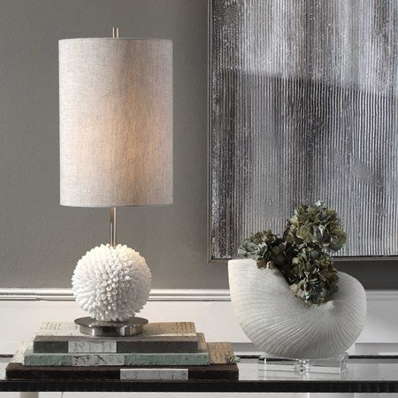 Uttermost Cascara Faux Seashells Sphere Buffet Lamp With Beige Linen Shade - Image 1