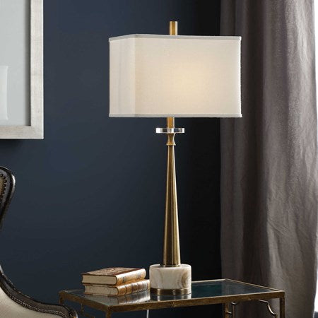 Uttermost Verner Antiqued Brass and Marble Buffet Lamp With Ivory Linen Shade - Image 3