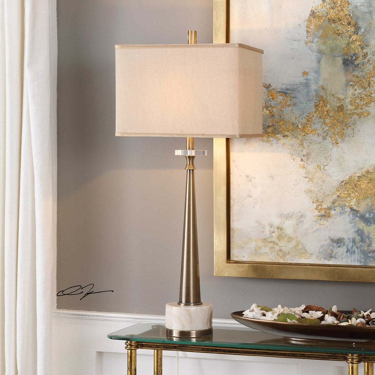 Uttermost Verner Antiqued Brass and Marble Buffet Lamp With Ivory Linen Shade - Image 1