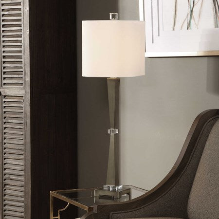 Uttermost Niccolai Antiqued Brushed Brass Buffet Lamp With White Linen Shade - Image 1