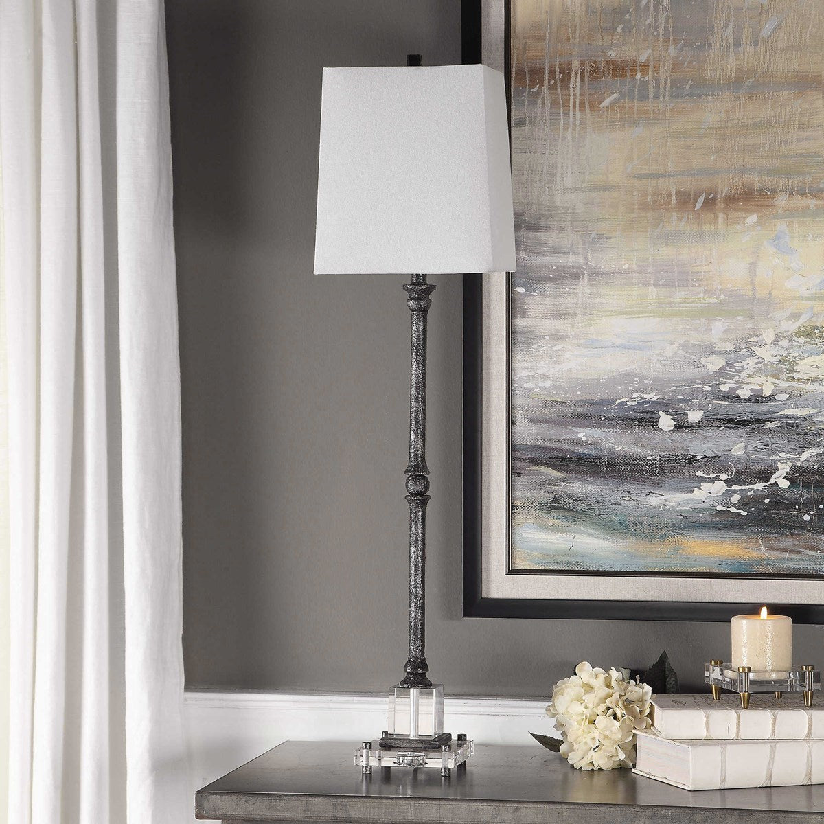 Uttermost Teala Aged Black Buffet Lamp With White Linen Shade - Image 3