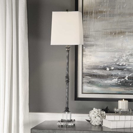 Uttermost Teala Aged Black Buffet Lamp With White Linen Shade - Image 1