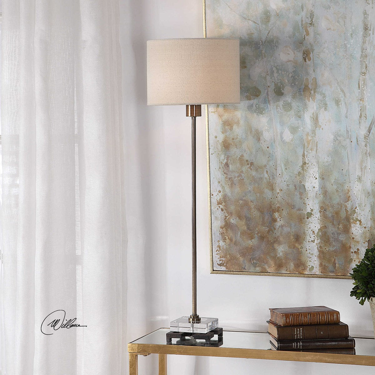 Uttermost Danyon Antiqued Brass Iron Table Lamp With Beige Linen Shade - Image 1