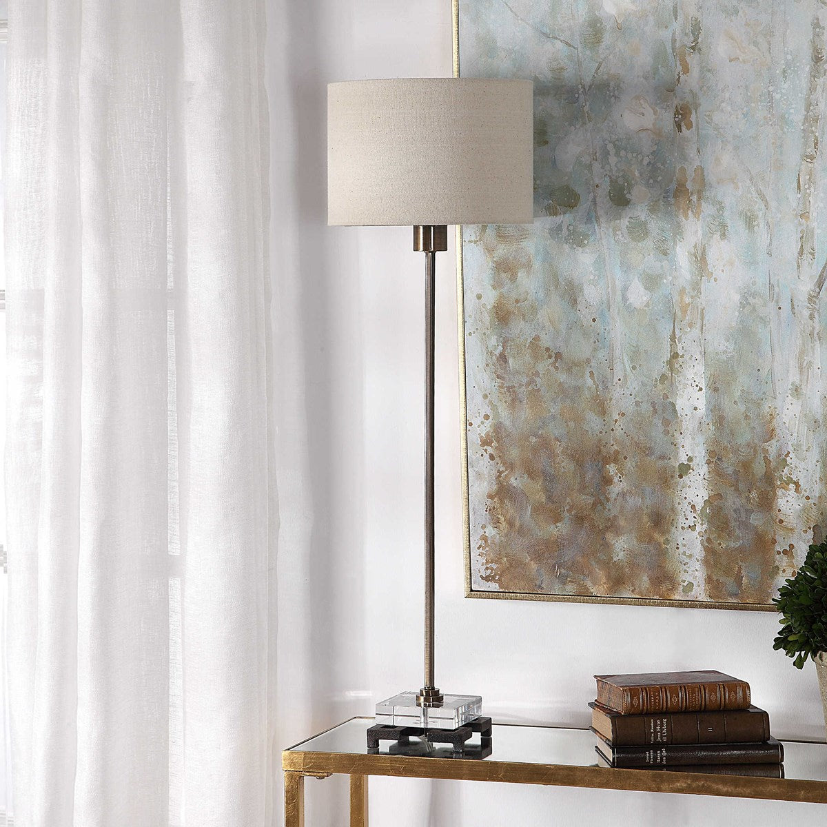 Uttermost Danyon Antiqued Brass Iron Table Lamp With Beige Linen Shade - Image 2