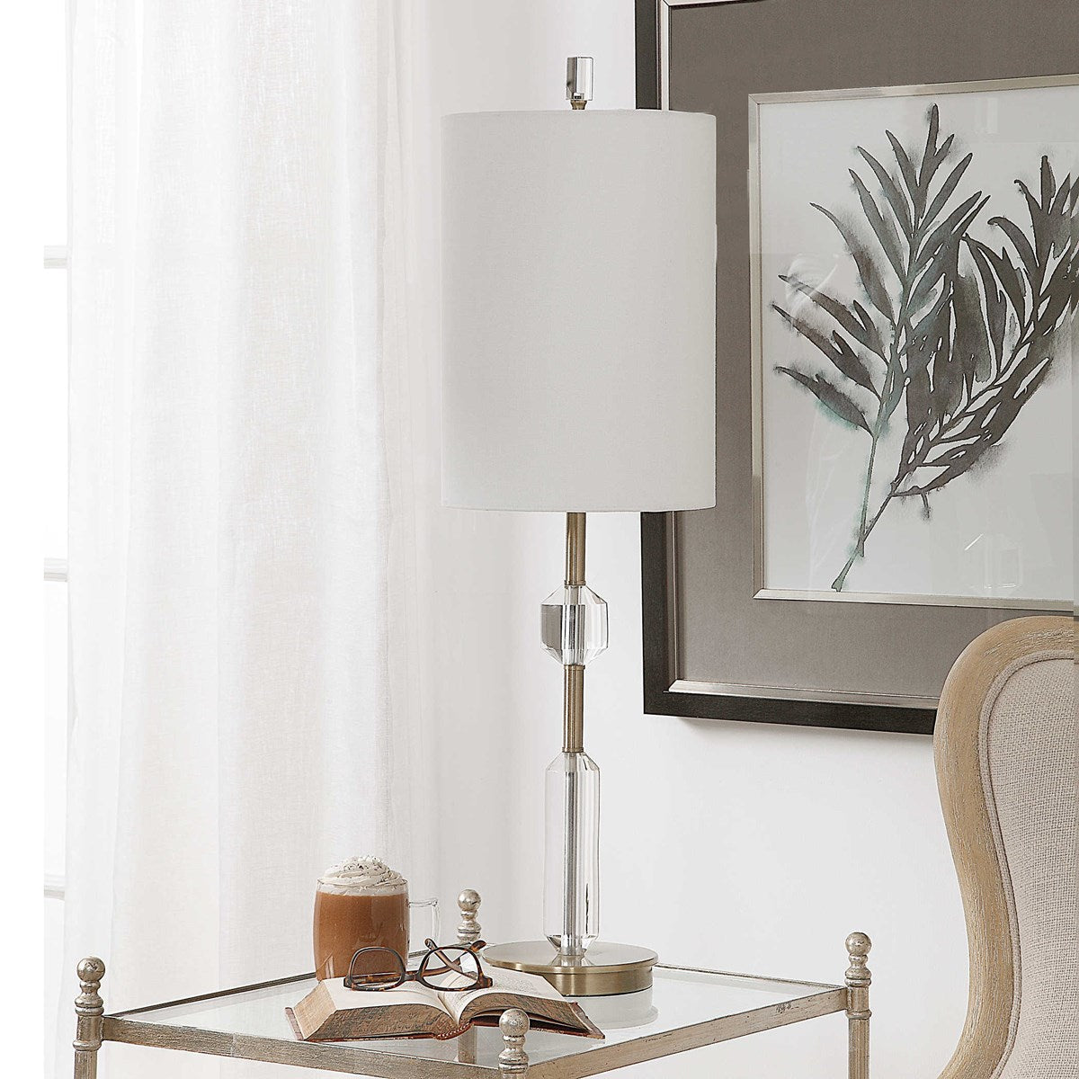 Uttermost Margo Antiqued Brass and Crystal Buffet Lamp With White Linen Shade - Image 1