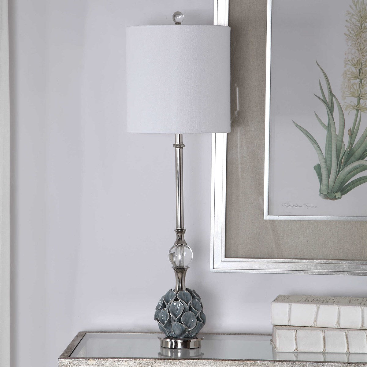 Uttermost Elody Blue Gray Glazed Ceramic Buffet Lamp With White Linen Shade - Image 3