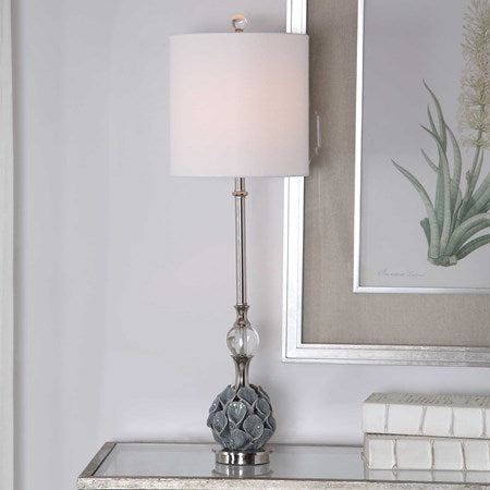 Uttermost Elody Blue Gray Glazed Ceramic Buffet Lamp With White Linen Shade - Image 1