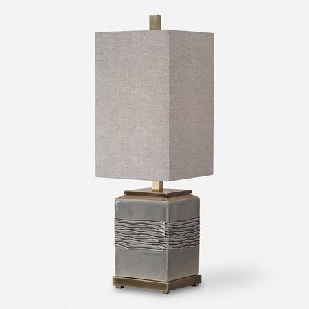 Uttermost Covey Gray Glazed Embossed Ceramic Buffet Lamp With Light Beige Linen Shade - Image 2