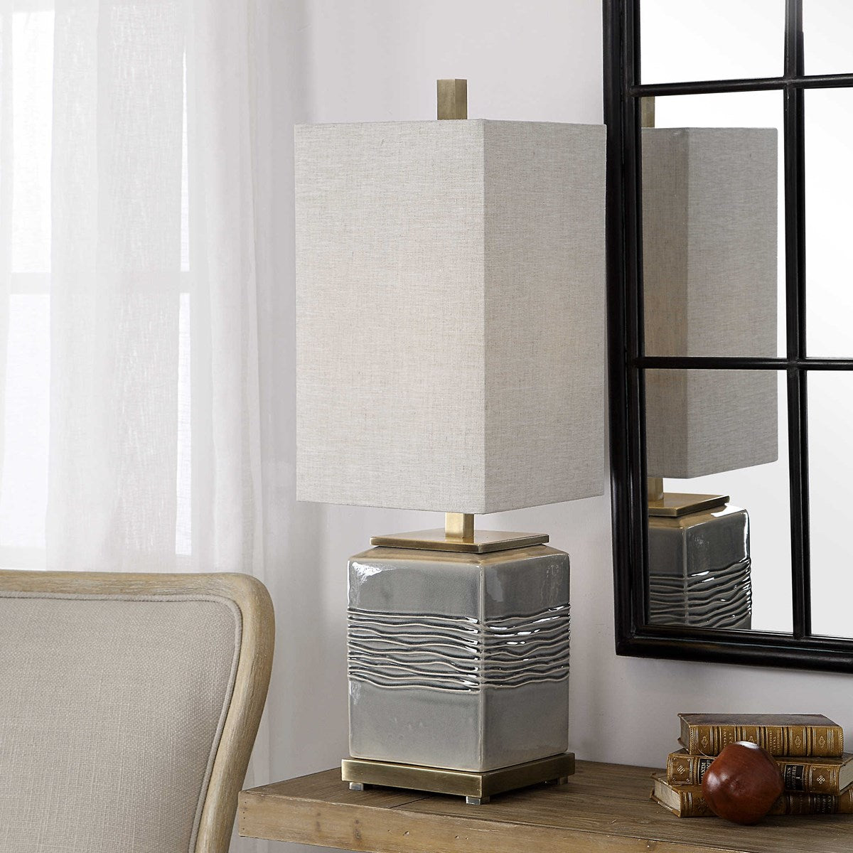 Uttermost Covey Gray Glazed Embossed Ceramic Buffet Lamp With Light Beige Linen Shade - Image 3