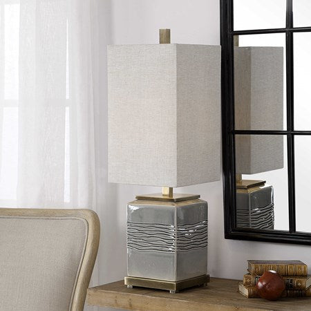 Uttermost Covey Gray Glazed Embossed Ceramic Buffet Lamp With Light Beige Linen Shade - Image 1
