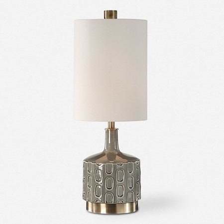 Uttermost Darrin Crackled Gray Glazed Embossed Ceramic Table Lamp With White Linen Shade - Image 1