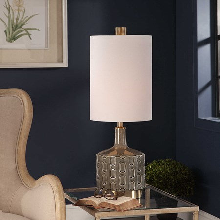 Uttermost Darrin Crackled Gray Glazed Embossed Ceramic Table Lamp With White Linen Shade - Image 2