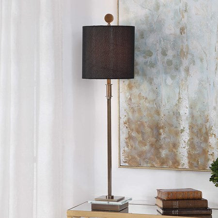 Uttermost Volante Antique Brass Iron Table Lamp With Black Linen Shade - Image 1