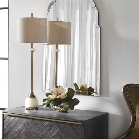 Uttermost Natania Antiqued Brass and White Marble Buffet Lamp With Linen Shade - Image 1
