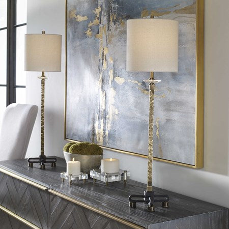 Uttermost Parnell Antiqued Brass Buffet Lamp With Beige Linen Shade - Image 1