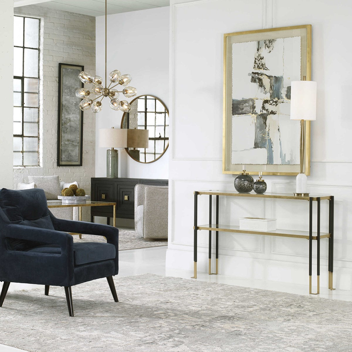 Uttermost Minette Antiqued Brass and White Marble Buffet Lamp With Linen Shade - Image 2