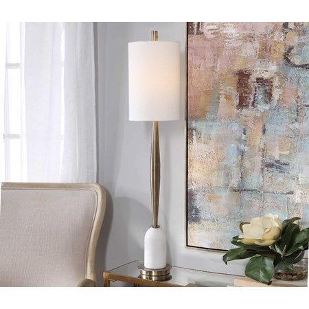 Uttermost Minette Antiqued Brass and White Marble Buffet Lamp With Linen Shade - Image 1