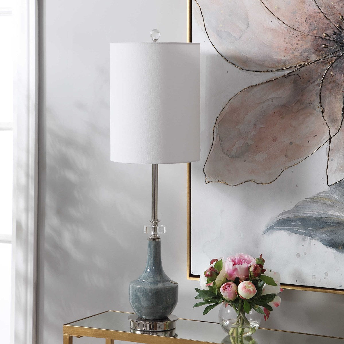 Uttermost Piers Blue Glazed Ceramic Buffet Lamp With White Linen Shade - Image 1