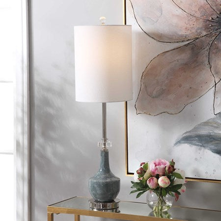 Uttermost Piers Blue Glazed Ceramic Buffet Lamp With White Linen Shade - Image 3