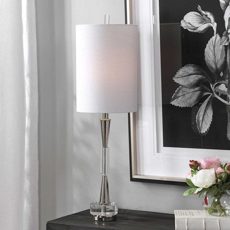 Uttermost Azaria Polished Nickel and Crystal Buffet Lamp With White Linen Shade - Image 1