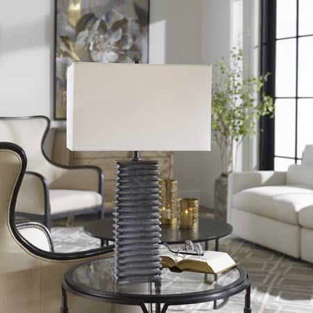 Uttermost Sanderson Metallic Charcoal Textured Ceramic Table Lamp With White Linen Shade - Image 1