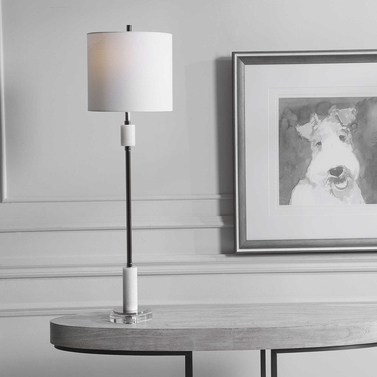 Uttermost Sussex Polished Nickel and White Marble Buffet Lamp With Linen Shade - Image 1