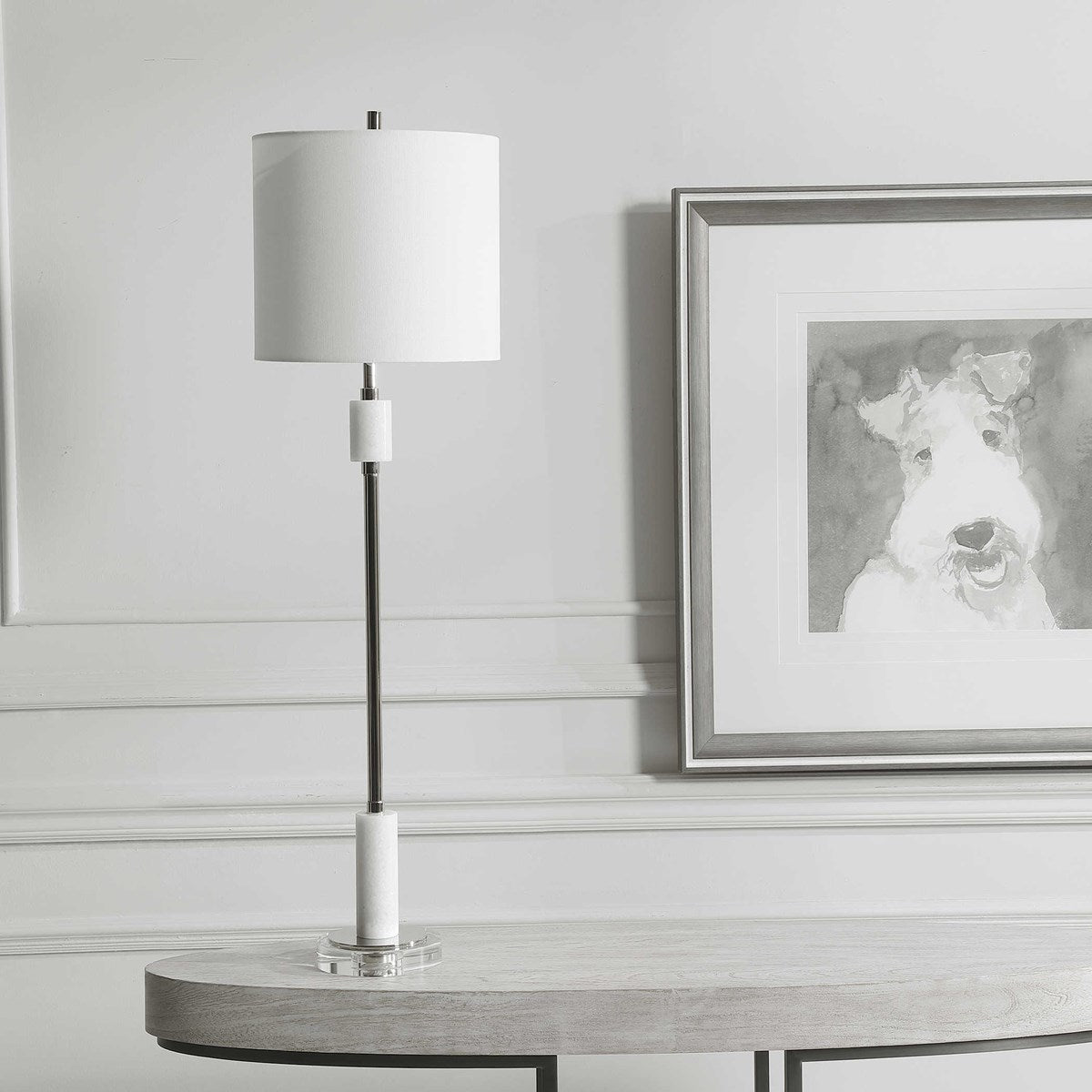 Uttermost Sussex Polished Nickel and White Marble Buffet Lamp With Linen Shade - Image 3