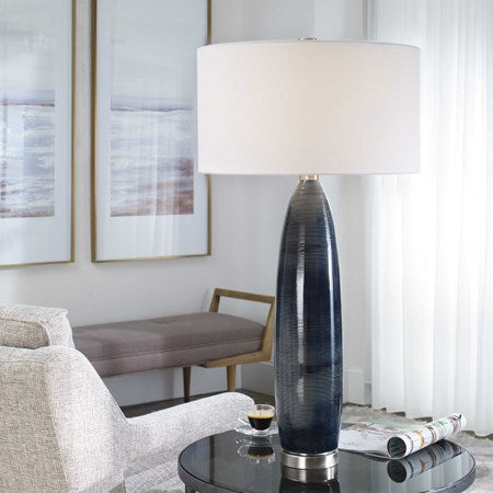 Uttermost Cullen Blue Gray Glazed Ceramic Table Lamp With White Linen Shaden - Image 1