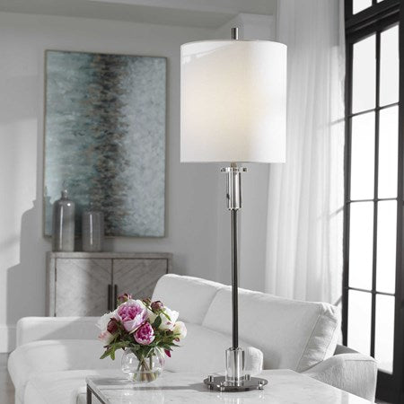 Uttermost Aurelia Polished Nickel Buffet Lamp With White Linen Shade - Image 1
