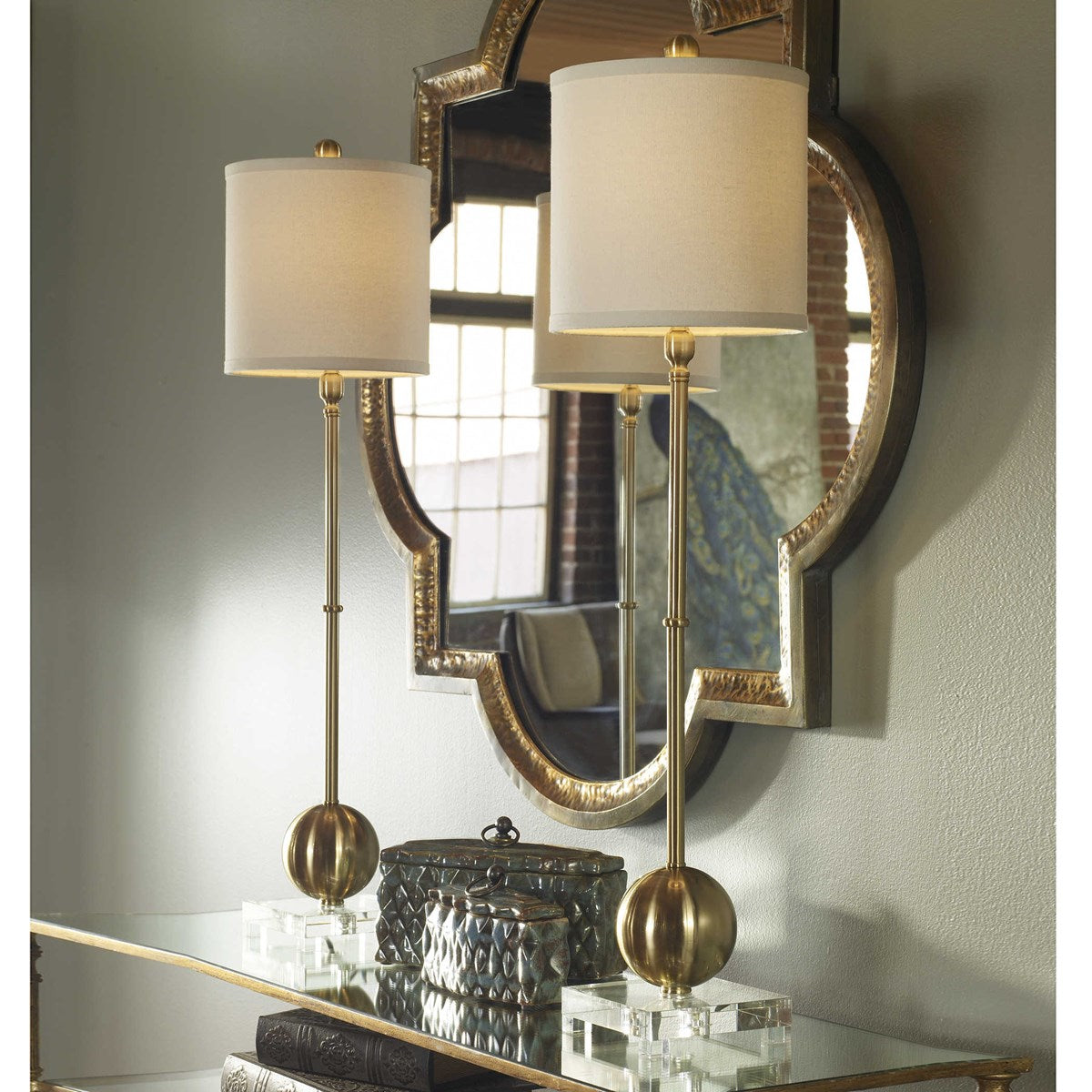 Uttermost Laton Brushed Brass Buffet Lamp With Linen Shade - Image 3
