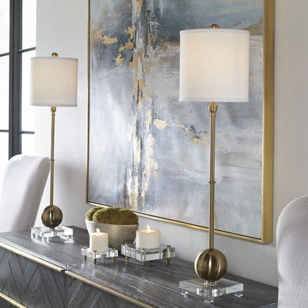 Uttermost Laton Brushed Brass Buffet Lamp With Linen Shade - Image 1