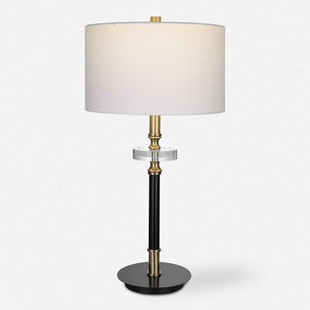 Uttermost Maud Agee Black and Antiqued Brass Table Lamp With White Linen Shade - Image 2
