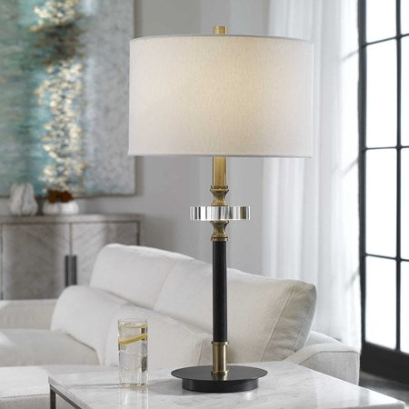 Uttermost Maud Agee Black and Antiqued Brass Table Lamp With White Linen Shade - Image 3