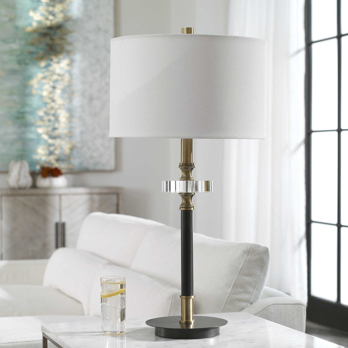 Uttermost Maud Agee Black and Antiqued Brass Table Lamp With White Linen Shade - Image 1
