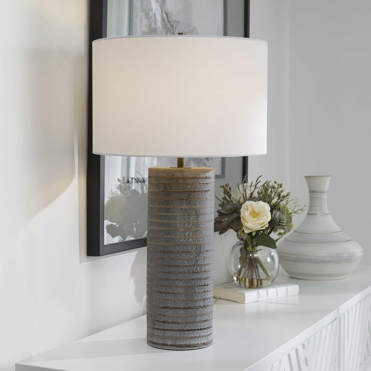 Uttermost Monolith Pewter Gray Table Lamp With White Shade - Image 1