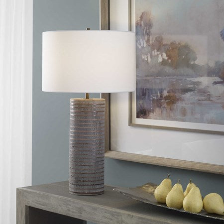 Uttermost Monolith Pewter Gray Table Lamp With White Shade - Image 3