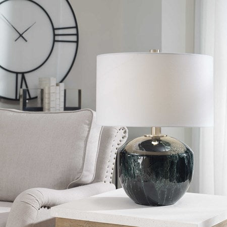 Uttermost Highlands Deep Emerald Green Glazed Ceramic Table Lamp With White Shade - Image 1