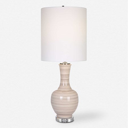 Uttermost Chalice Taupe, Tan and Charcoal Ceramic Table Lamp With White Linen Shade - Image 3