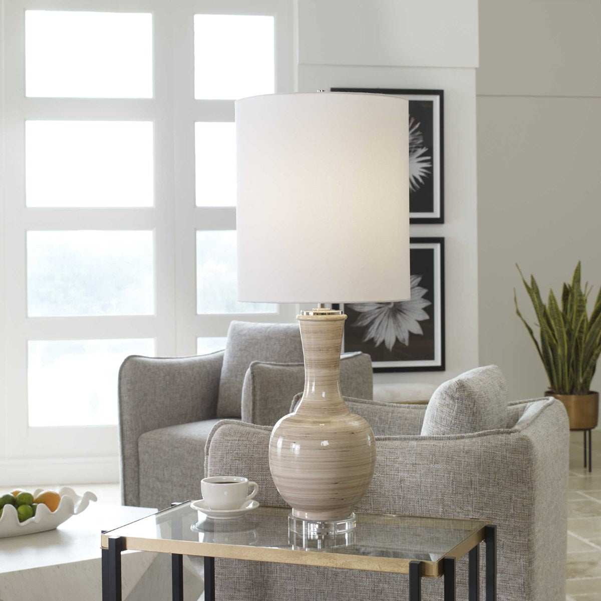 Uttermost Chalice Taupe, Tan and Charcoal Ceramic Table Lamp With White Linen Shade - Image 1