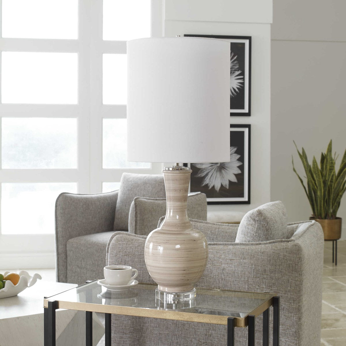 Uttermost Chalice Taupe, Tan and Charcoal Ceramic Table Lamp With White Linen Shade - Image 2