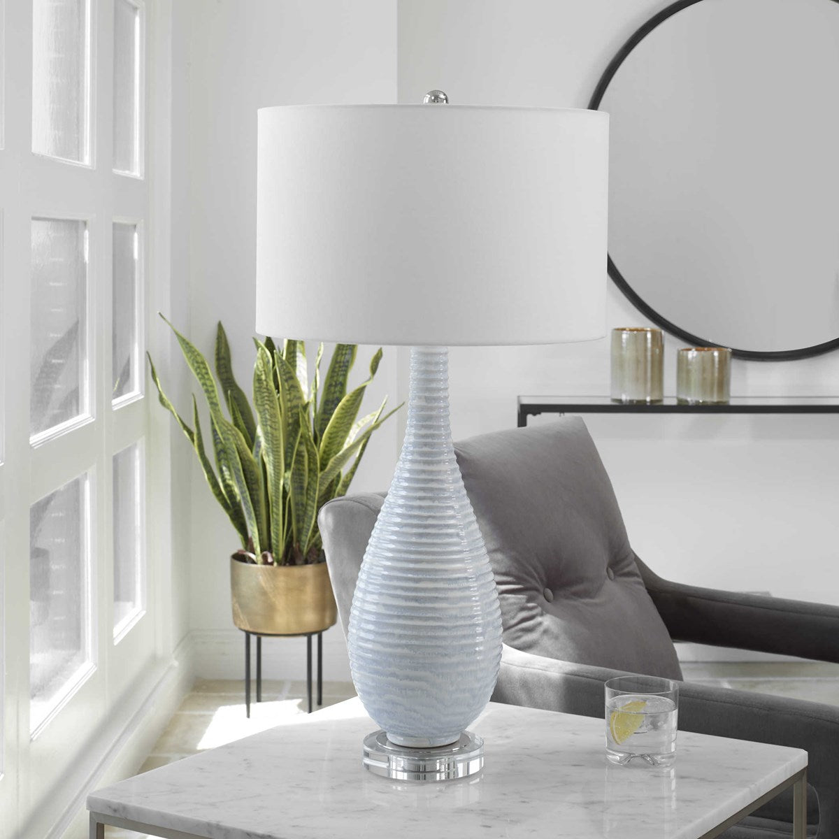 Uttermost Clariot Blue and White Glazed Ceramic Table Lamp With White Linen Shade - Image 3