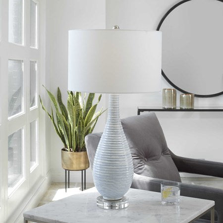 Uttermost Clariot Blue and White Glazed Ceramic Table Lamp With White Linen Shade - Image 1