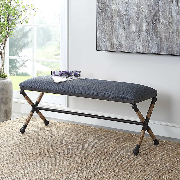 Uttermost Firth Navy Blue Fabric Cushion Seat Rustic Iron Bench - Image 2