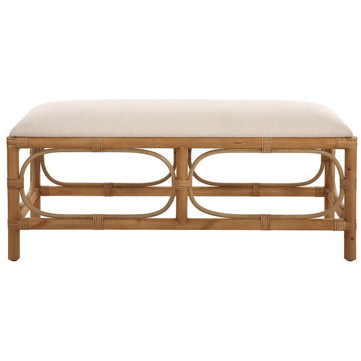 Uttermost Laguna Textured White Fabric Seat Cushion Rattan Wrapped Coastal Bench - Image 2