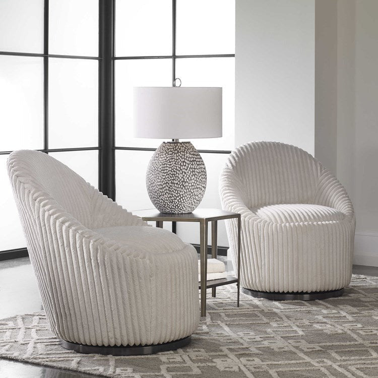 Uttermost Crue Luxurious Fluted Ivory Chenille Swivel Chair - Image 1