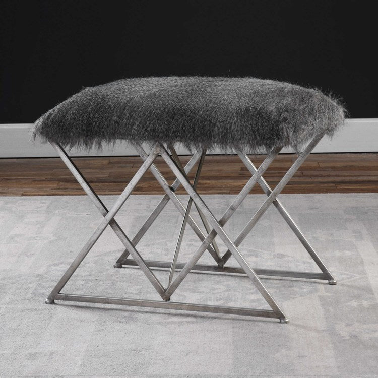 Uttermost Astairess Faux Gray Fur Seat Silver Iron Small Bench